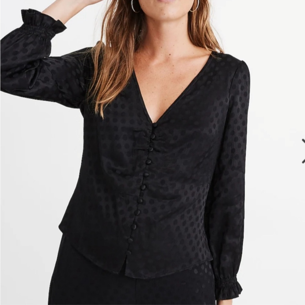 Madewell Smocked Sleeve Daylight Woven Polka Dot‎ Top Size 4 V-Neck Buttons